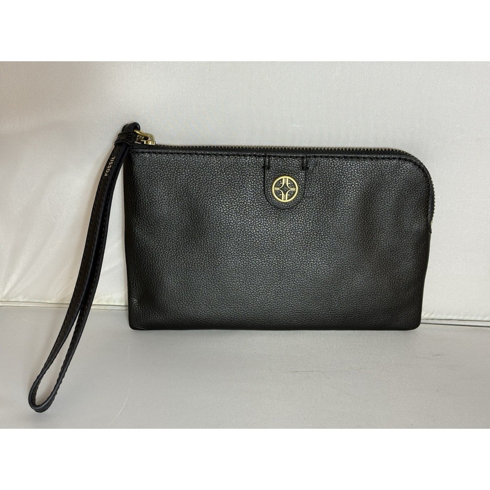 Fossil Sofia Leather Wristlet Clutch BlackPebbled  Zip Casual Travel Wedding